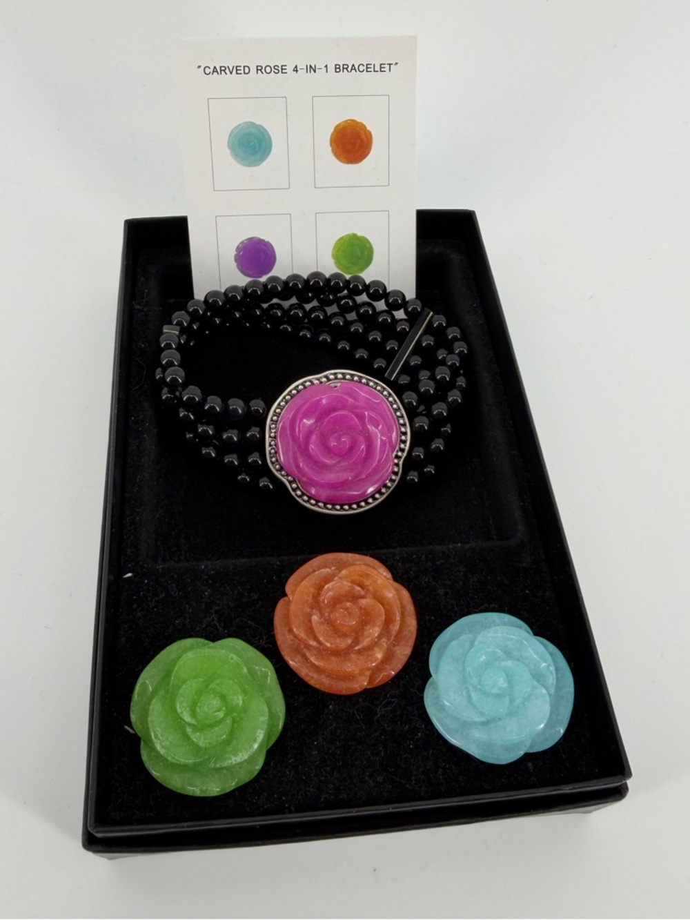 Vintage HSN Black Onyx Carved Rose 4-in-1 Beaded Bracelet Set in Box